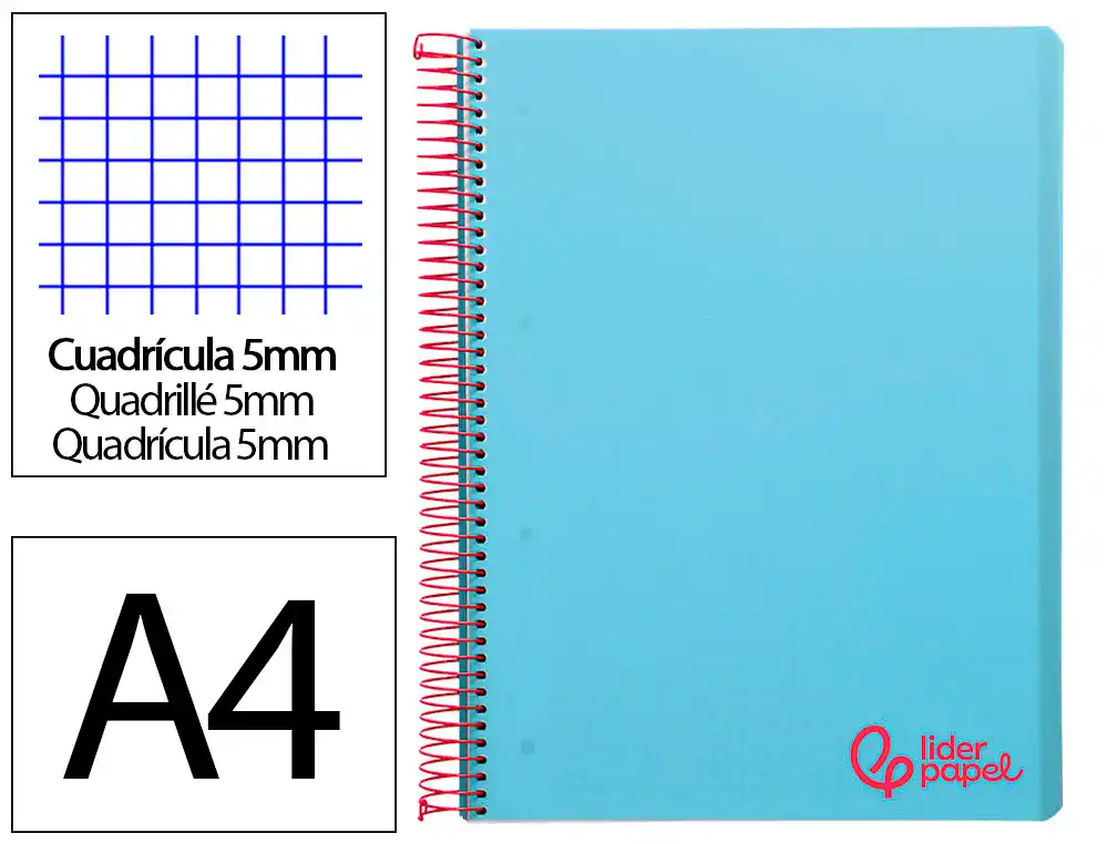 Cuaderno Espiral Liderpapel A4 Micro Wonder Tapa Plastico 120h 90gr Cuadro 5mm 5 Banda 4 Taladros Color Celeste