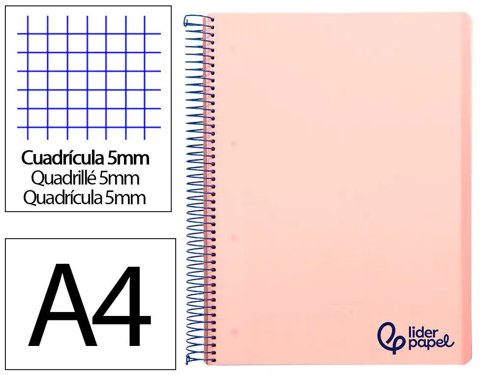 Cuaderno Espiral Liderpapel A4 Micro Wonder Tapa Plastico 120h 90gr Cuadro 5mm 5 Bandas 4 Taladros Color Rosa