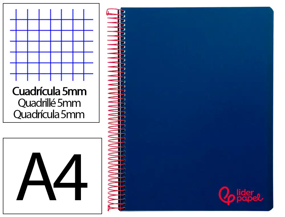 Cuaderno Espiral Liderpapel A4 Micro Wonder Tapa Plastico 120h 90gr Cuadro 5mm 5 Banda 4 Taladros Color Azul Marino