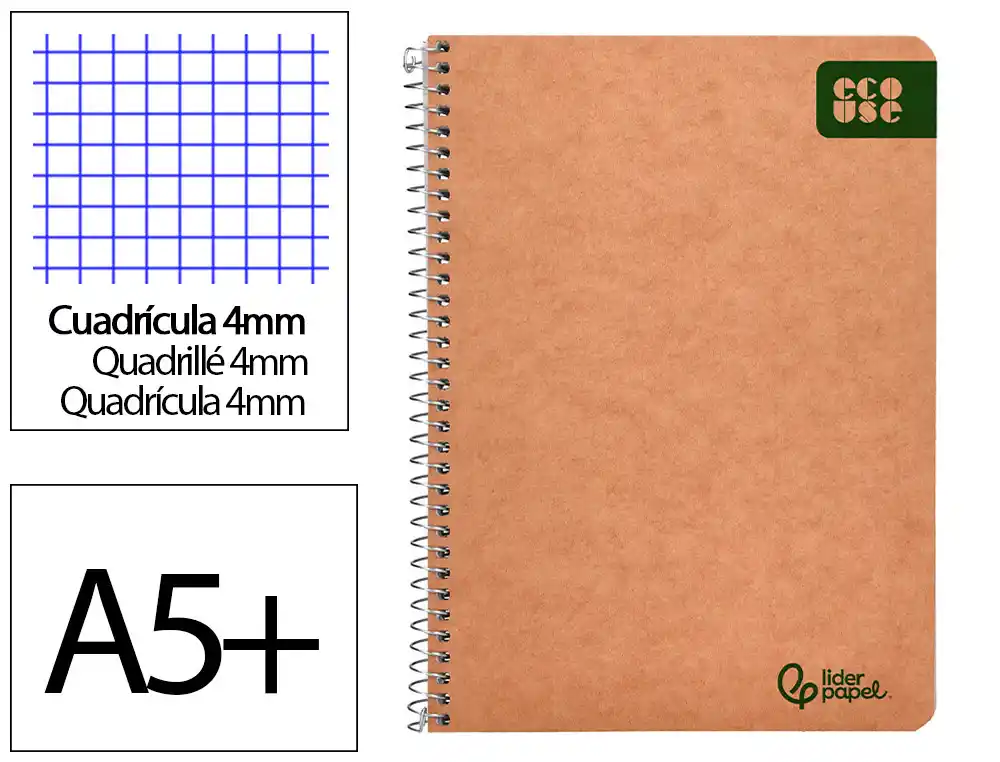 Cuaderno Espiral Liderpapel A5 Ecouse Tapa Cartulina Kraft 80h Papel Reciclado 80gr Cuadro 4mm