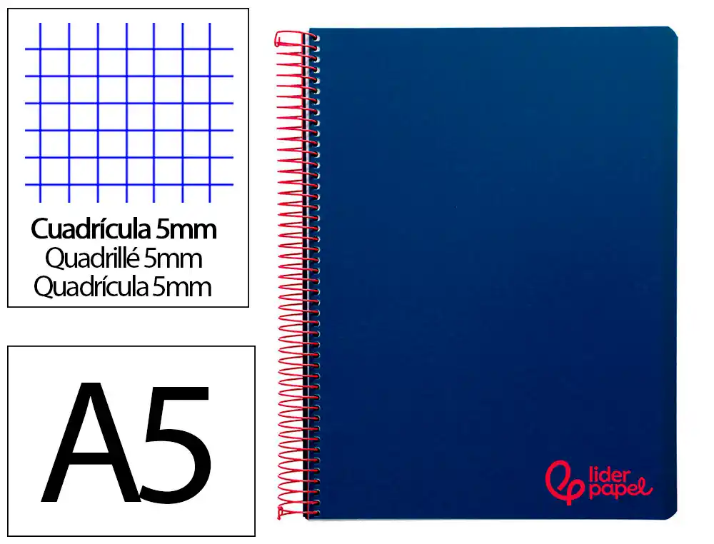 Cuaderno Espiral Liderpapel A5 Micro Wonder Tapa Plastico 120h 90gr Cuadro 5mm 5 Bandas 6 Taladros Color Azul Marino