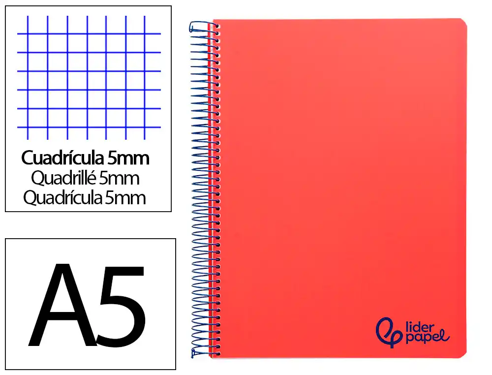 Cuaderno Espiral Liderpapel A5 Micro Wonder Tapa Plastico 120h 90gr Cuadro 5mm 5 Bandas 6 Taladros Color Rojo