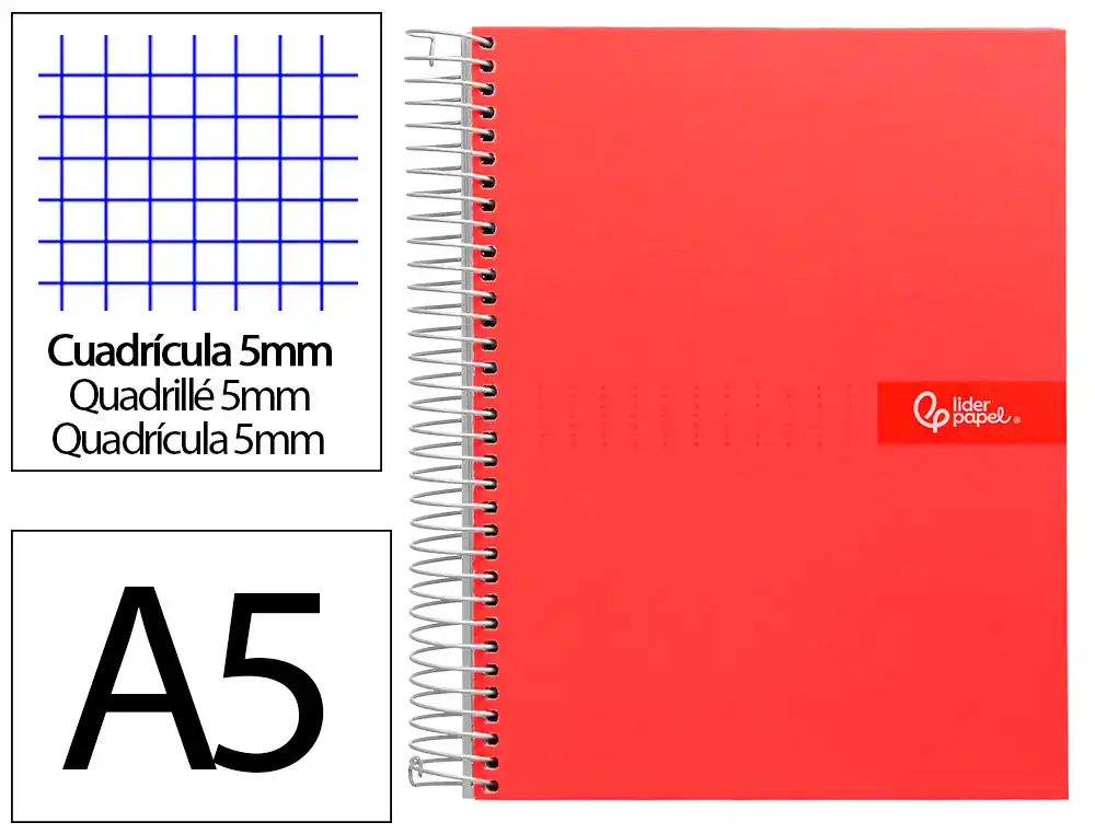 Cuaderno Espiral Liderpapel A5 Micro Crafty Tapa Forrada 120h 90gr Cuadro 5mm 5 Bandas 6 Taladros Color Rojo