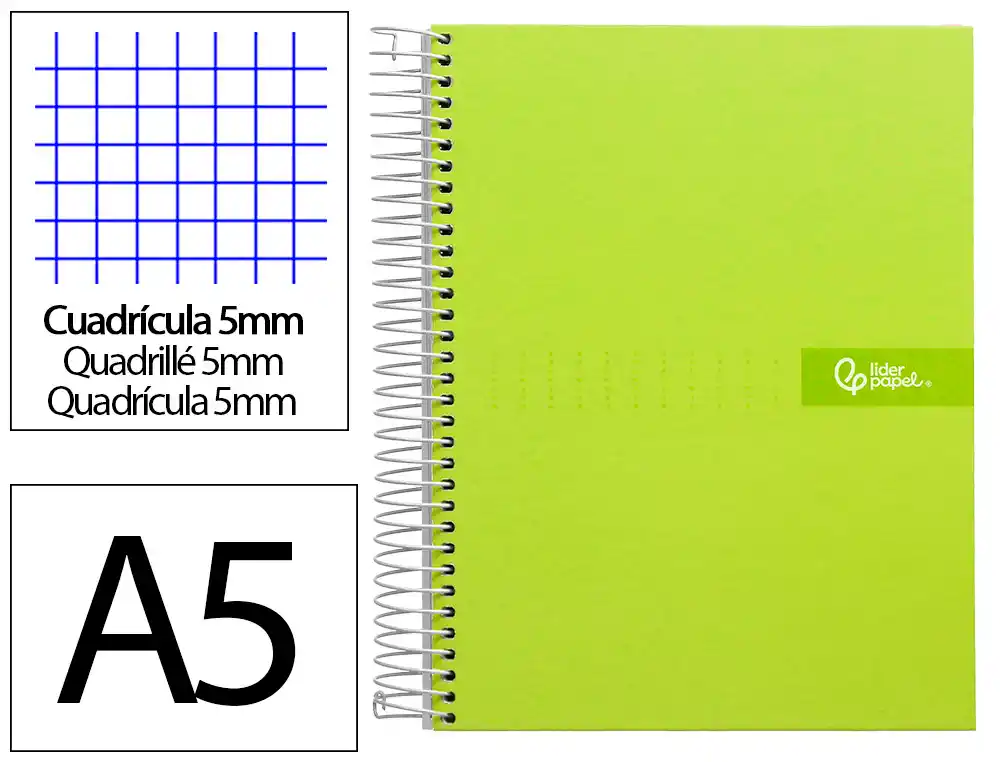 Cuaderno Espiral Liderpapel A5 Micro Crafty Tapa Forrada 120h 90gr Cuadro 5mm 5 Bandas 6 Taladros Color Verde