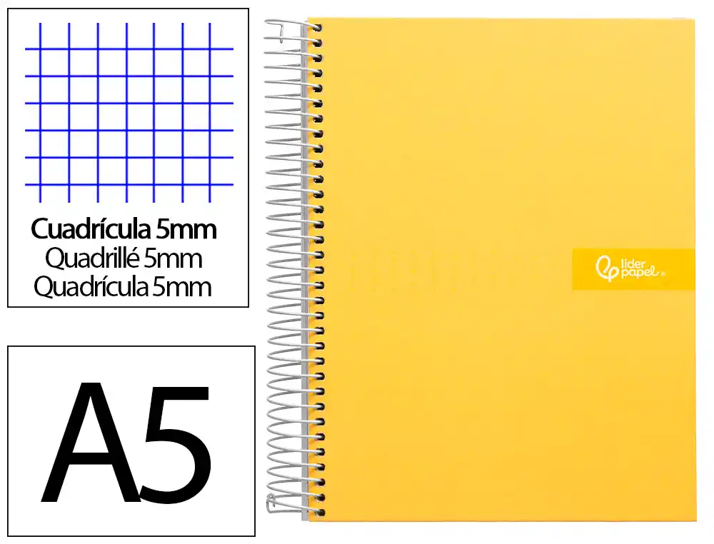 Cuaderno Espiral Liderpapel A5 Micro Crafty Tapa Forrada 120h 90gr Cuadro 5mm 5 Bandas 6 Taladros Color Amarillo