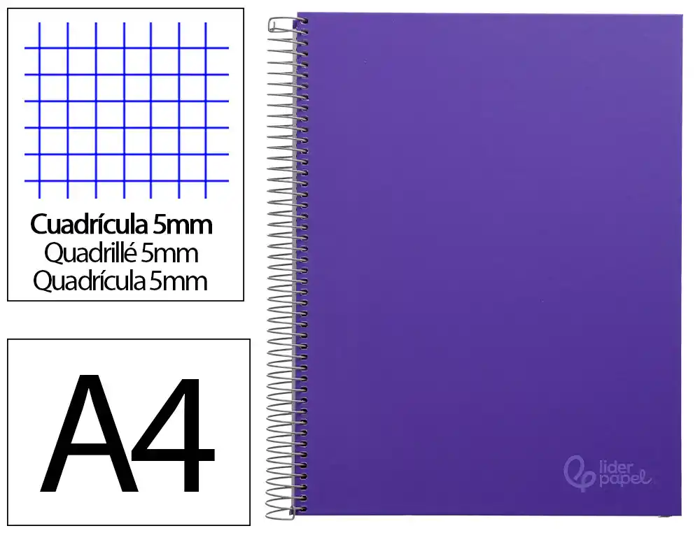Cuaderno Espiral Liderpapel A4 Micro Jolly Tapa Forrada 140h 75gr Cuadro 5mm 5 Bandas 4 Taladros Color Lila