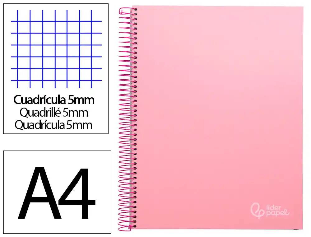 Cuaderno Espiral Liderpapel A4 Micro Jolly Tapa Forrada 140h 75gr Cuadro 5mm 5 Bandas 4 Taladros Color Rosa