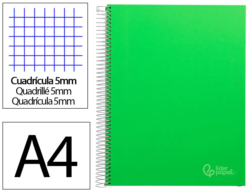 Cuaderno Espiral Liderpapel A4 Micro Jolly Tapa Forrada 140h 75gr Cuadro 5mm 5 Bandas 4 Taladros Color Verde