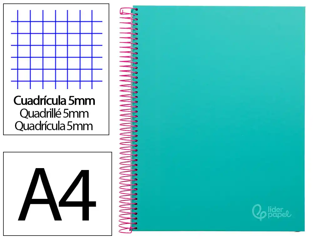 Cuaderno Espiral Liderpapel A4 Micro Jolly Tapa Forrada 140h 75gr Cuadro 5mm 5 Bandas 4 Taladros Color Turquesa