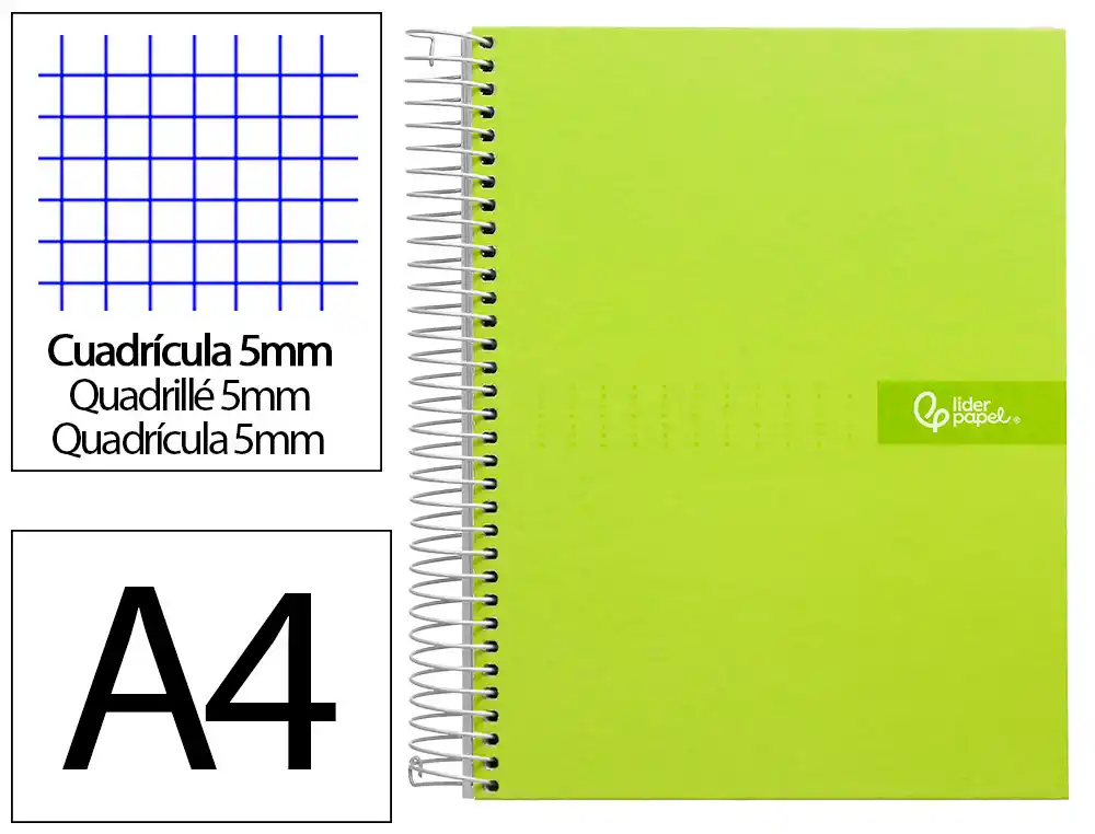 Cuaderno Espiral Liderpapel A4 Micro Crafty Tapa Forrada 120h 90gr Cuadro 5mm 5 Bandas 4 Colores Color Verde