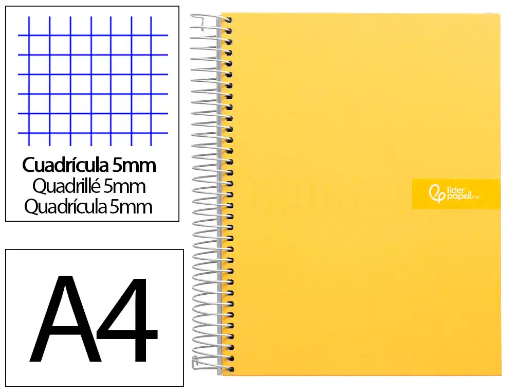 Cuaderno Espiral Liderpapel A4 Micro Crafty Tapa Forrada 120h 90gr Cuadro 5mm 5 Bandas 4 Taladros Color Amarillo