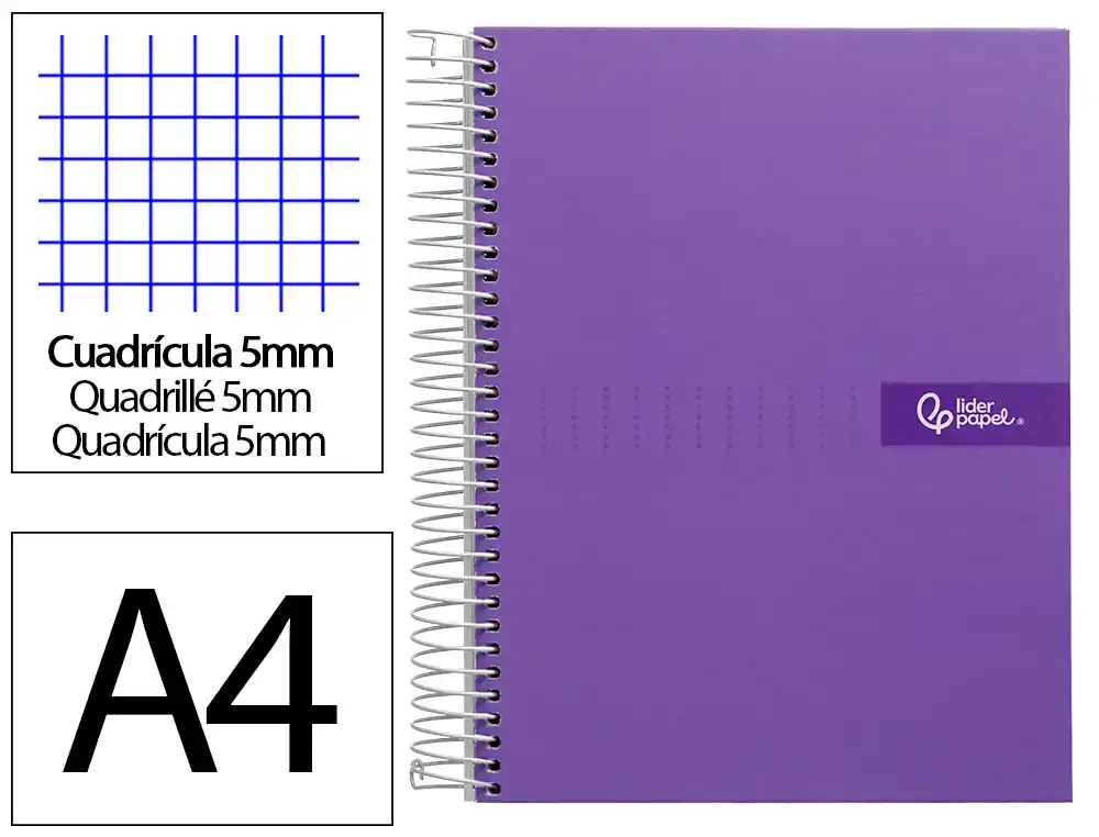 Cuaderno Espiral Liderpapel A4 Micro Crafty Tapa Forrada 120h 90gr Cuadro 5mm 5 Bandas 4 Taladros Color Violeta