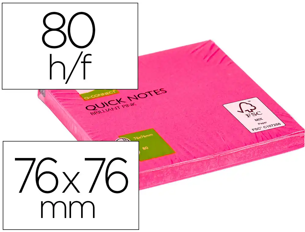 Bloc de Notas Adhesivas Quita y Pon Q-Connect 76x76 mm Rosa Neon 80 Hojas